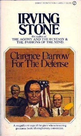 Book cover of 'For The Defense' by Irving Stone with a portrait of Clarence Darrow and an American flag.