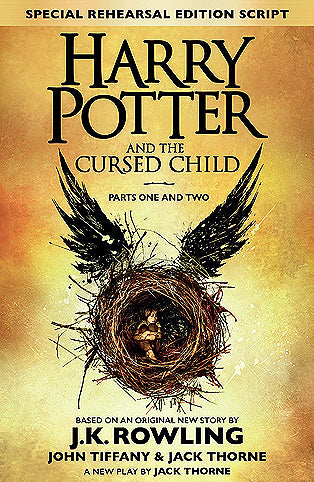 Book cover of 'Harry Potter and the Cursed Child' with wings and nest design on a yellow background