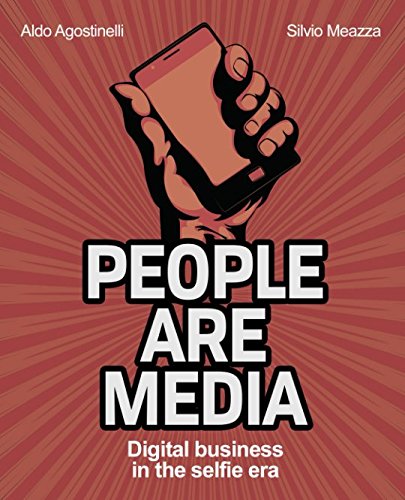Book cover of 'People Are Media' with a hand holding a smartphone on a red background.