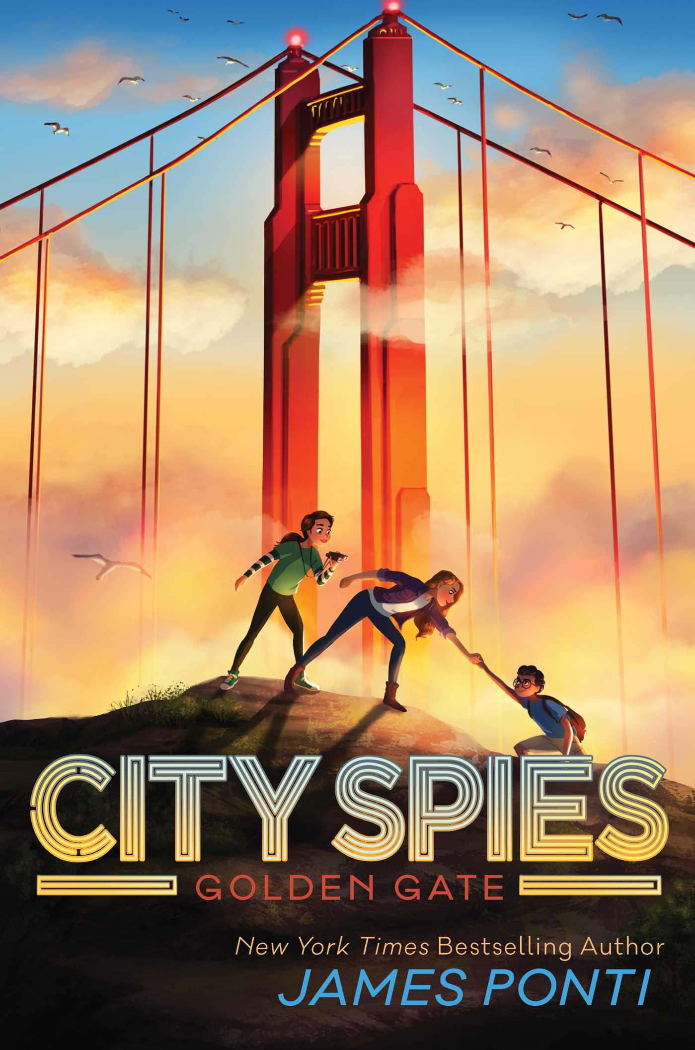 Book cover of 'City Spies: Golden Gate' with a bridge and children playing.