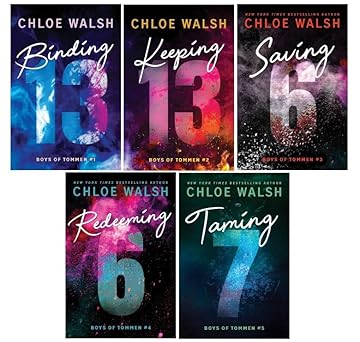 Five book covers by Chloe Walsh with colorful designs and numbers.