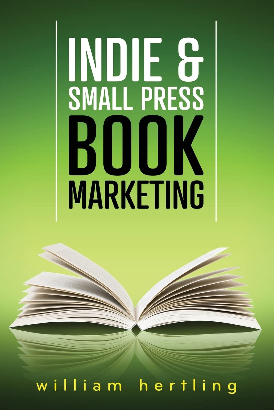 Book cover with 'Indie & Small Press Book Marketing' text and an open book on a green background