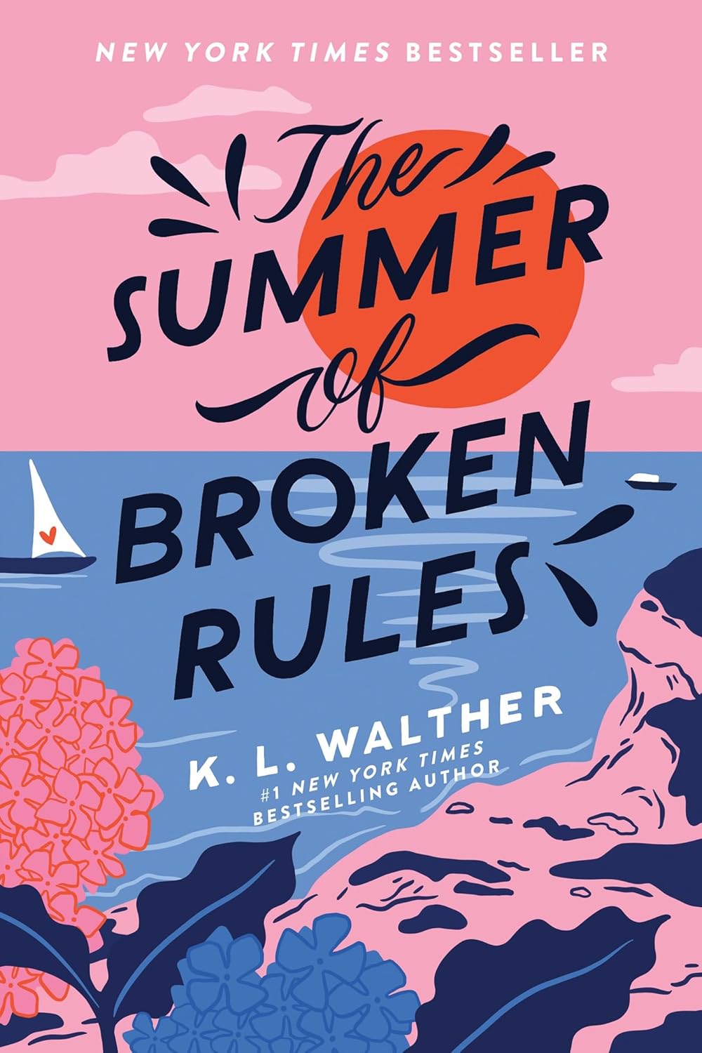 Book cover of 'The Summer of Broken Rules' by K.L. Walther with a pink sky, orange sun, and blue water.