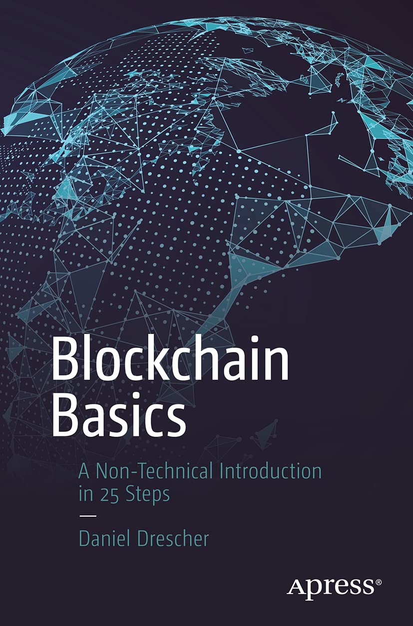 Book cover of 'Blockchain Basics' with a stylized globe and person on a dark background