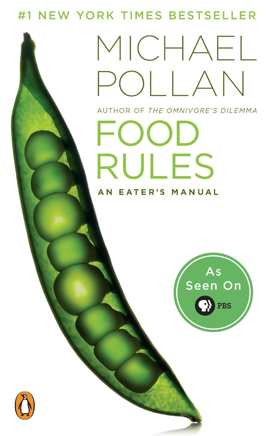 Book cover of 'Food Rules' by Michael Pollan with a green pea pod on a white background.