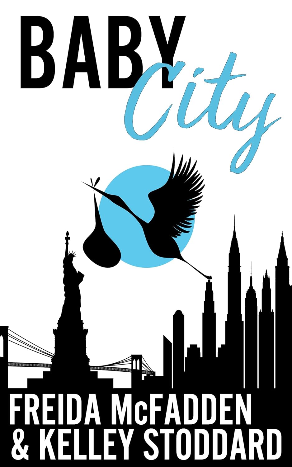Book cover of 'Baby City' with a silhouette of a city skyline, a baby being carried by a bird, and the authors' names.