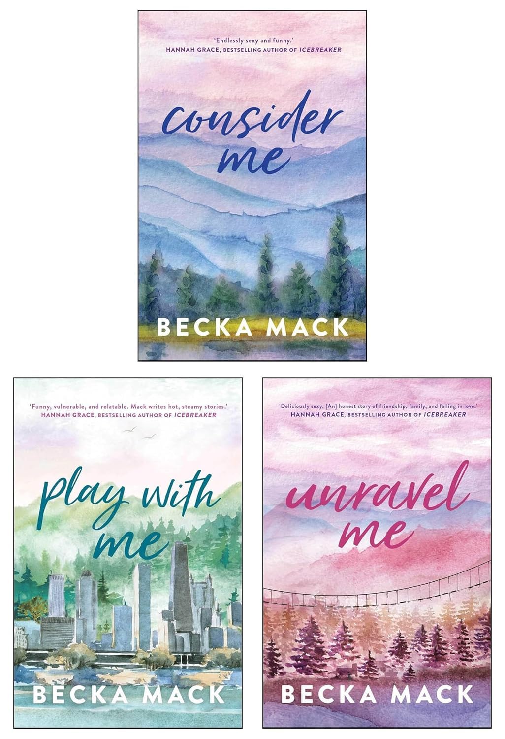 Three book covers by Becka Mack with scenic illustrations and titles.
