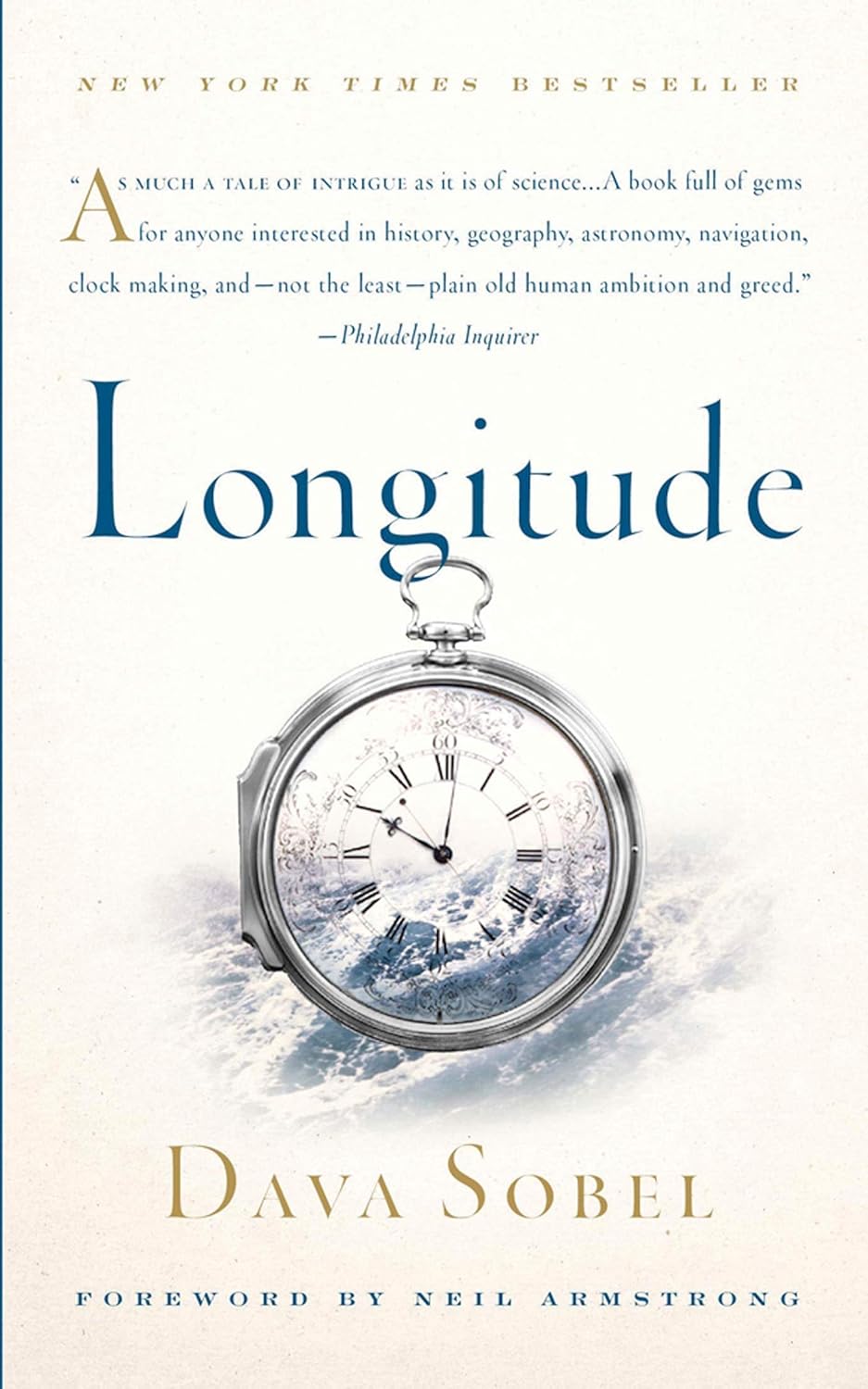 Book cover of 'Longitude' by Dava Sobel with a pocket watch and ocean wave design.