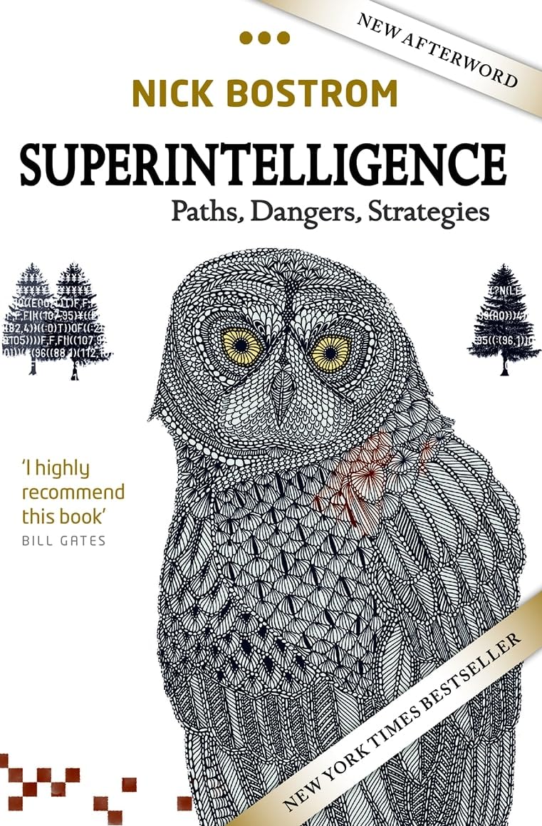 Book cover of 'Superintelligence' by Nick Bostrom with an owl illustration and a New York Times Bestseller label.