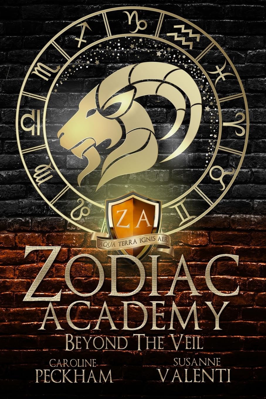 Book cover of 'Zodiac Academy: Beyond The Veil' with a ram symbol and zodiac signs on a dark background.