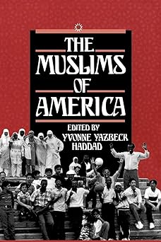 Book cover of 'The Muslims of America' with a black and white photo of people on a red background