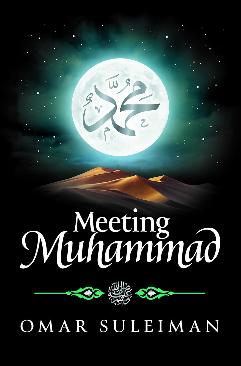 Book cover of 'Meeting Muhammad' with a moon and desert landscape