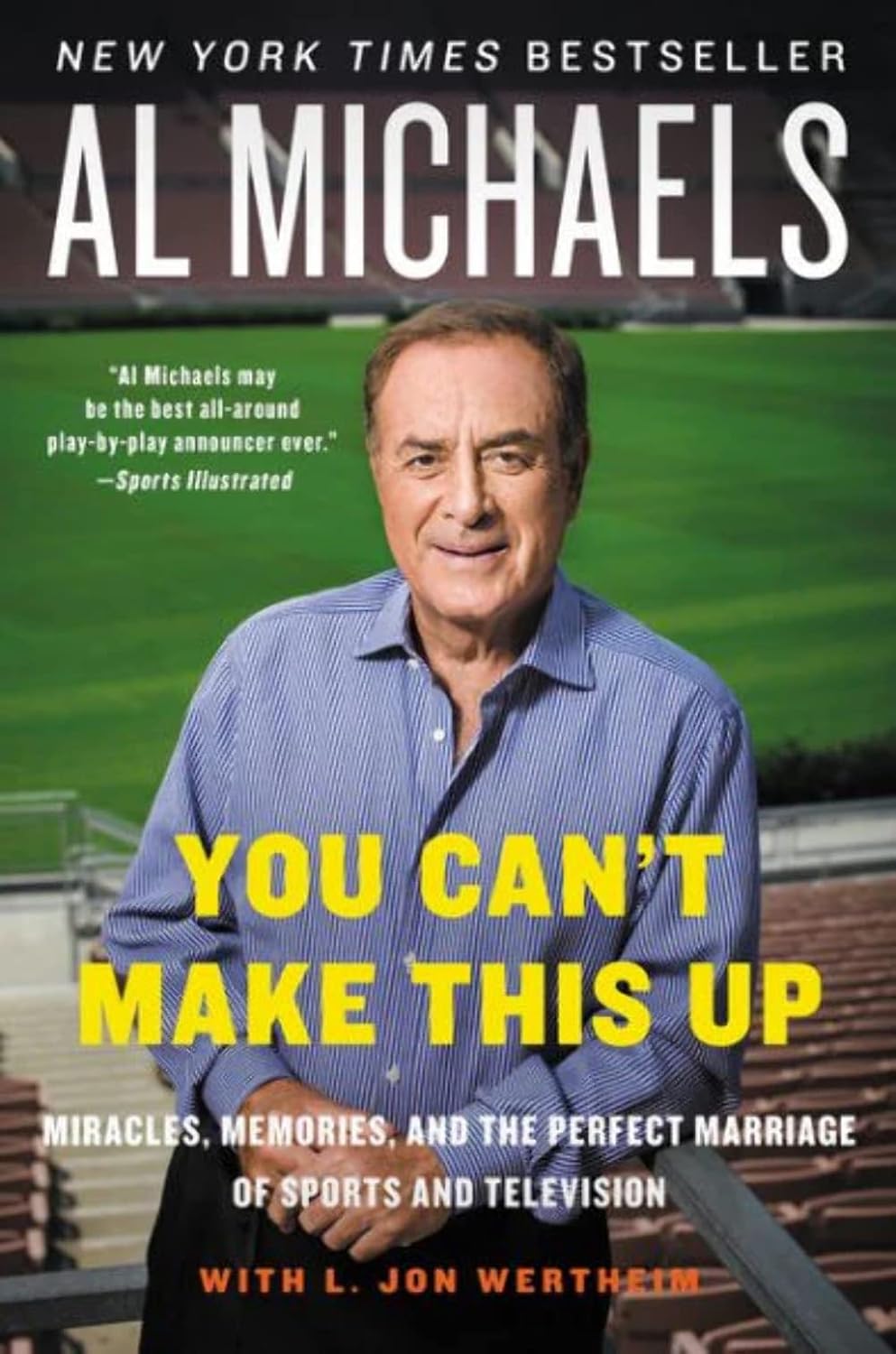 Book cover featuring Al Michaels with a sports field background