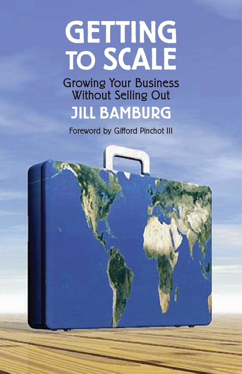 Book cover of 'Getting to Scale' by Jill Bamburg with a world map suitcase on a wooden surface.