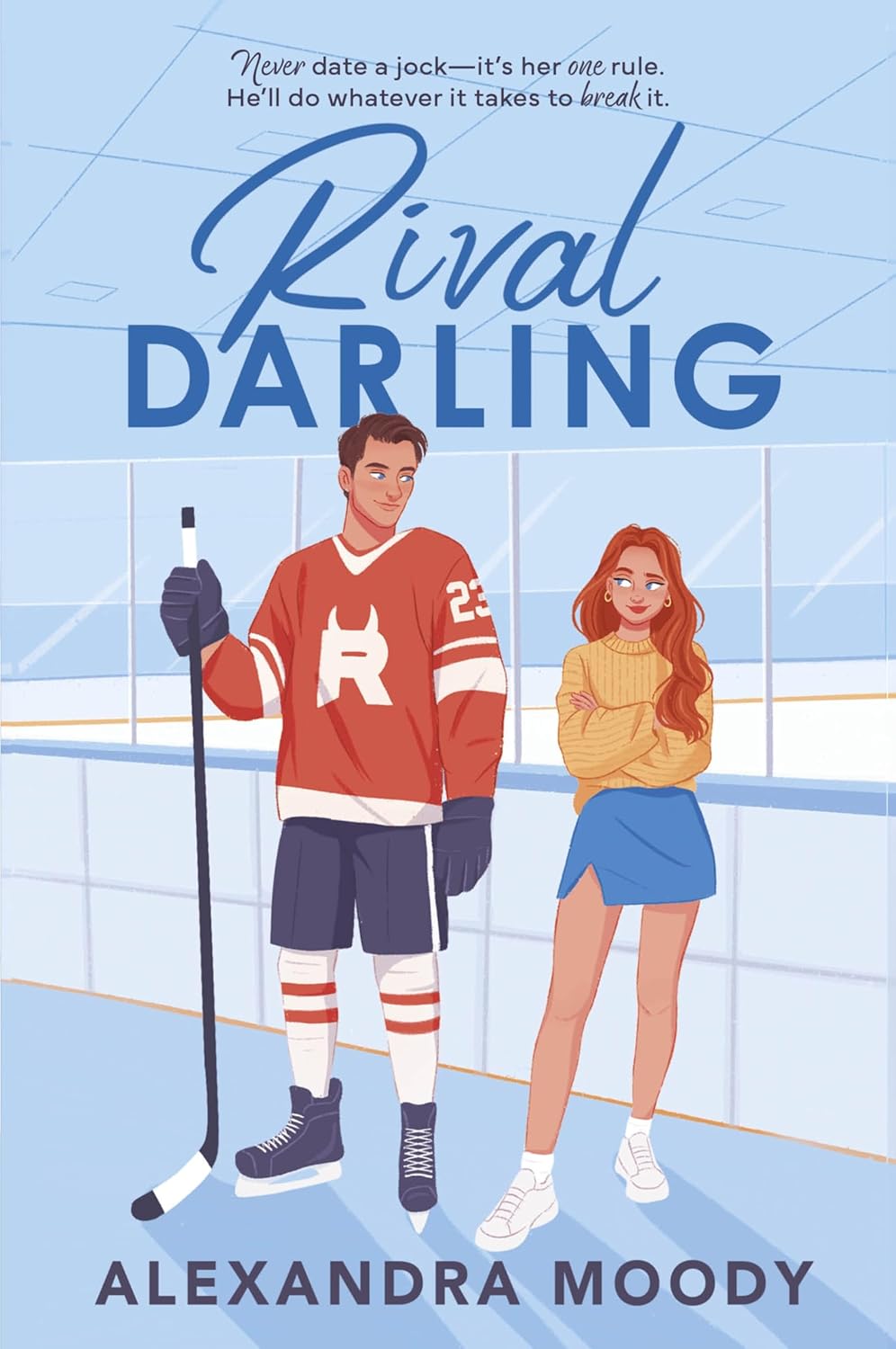 Book cover of 'Rival Darling' featuring a hockey player and a girl on an ice rink.
