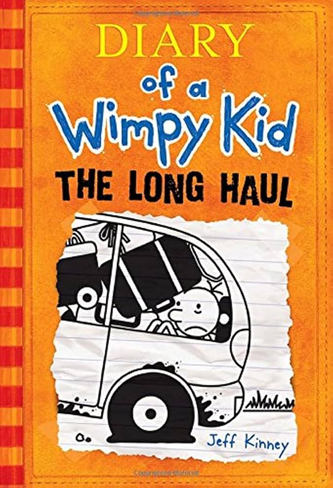 Book cover of 'Diary of a Wimpy Kid: The Long Haul' with an orange background and van illustration.