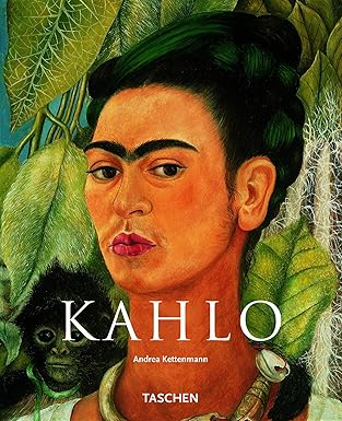 Book cover of 'Kahlo' by Andrea Kettenmann with Frida Kahlo's portrait and green leaves.