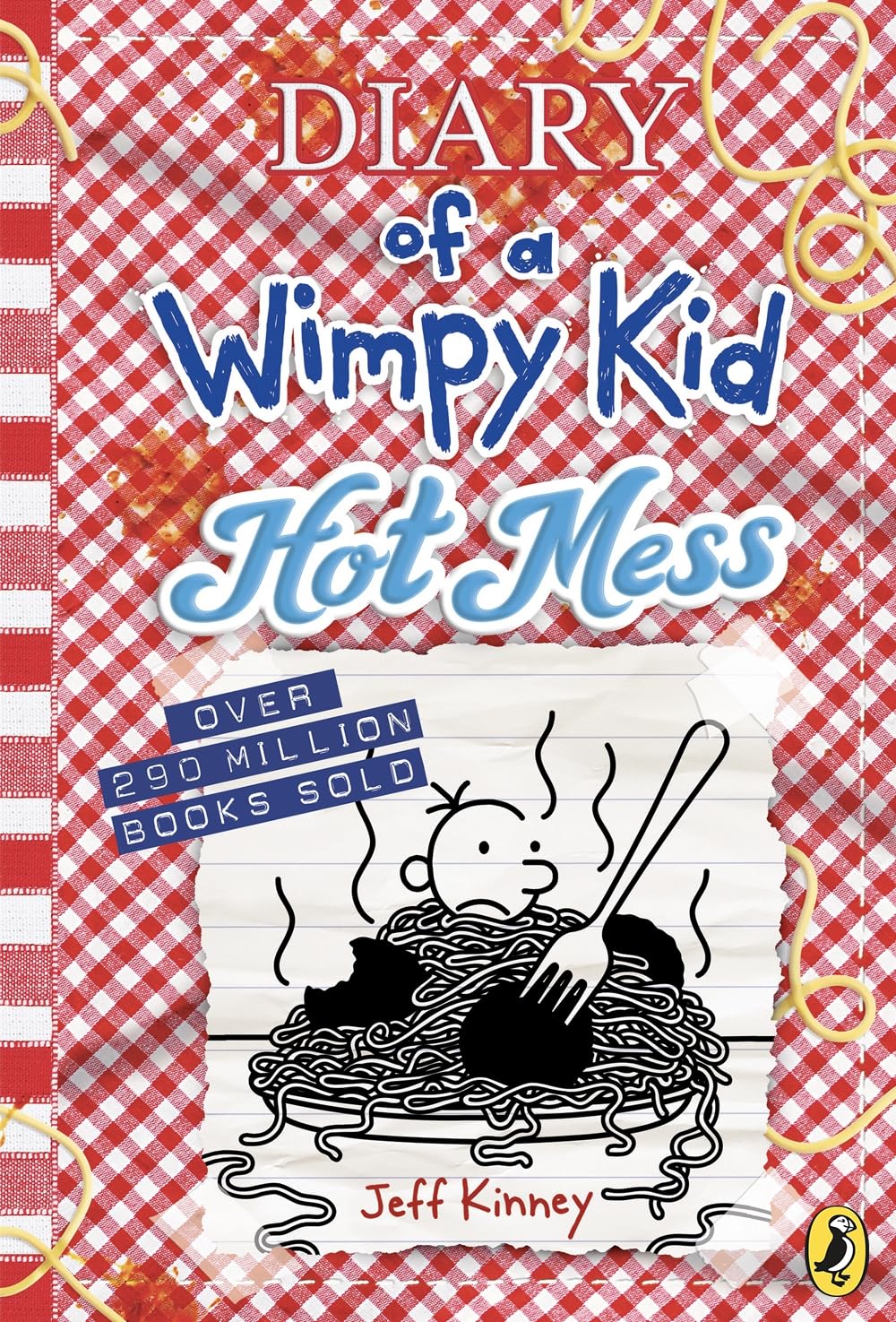 Book cover of 'Diary of a Wimpy Kid: Hot Mess' with a checkered pattern and cartoon character.