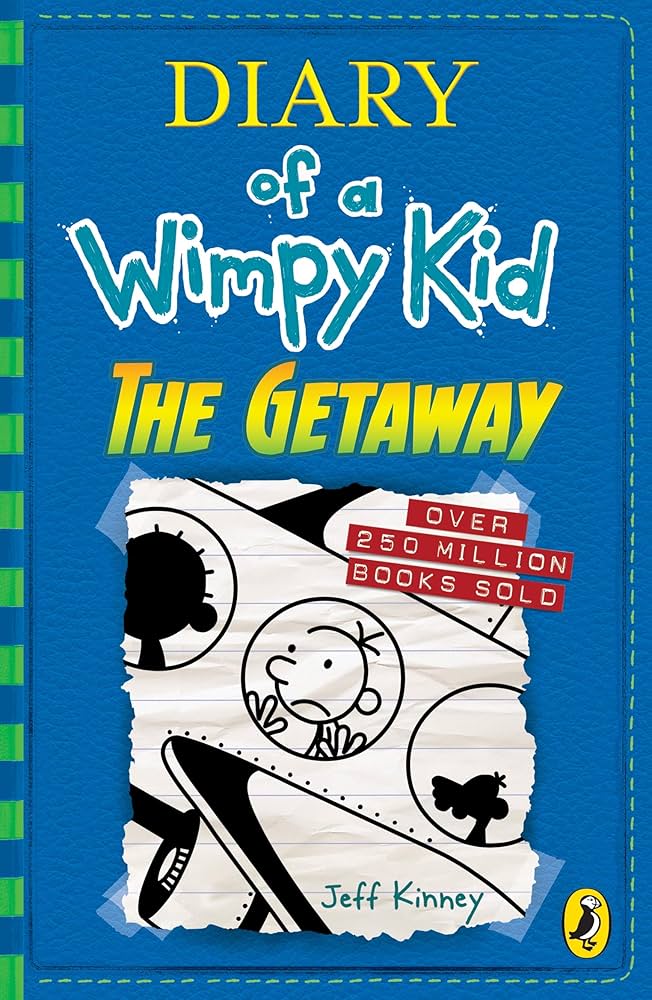 Book cover of 'Diary of a Wimpy Kid: The Getaway' by Jeff Kinney with blue background and cartoon character illustration.