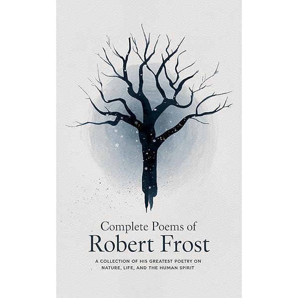 Book cover of 'Complete Poems of Robert Frost' with a black tree silhouette on a light gray background.