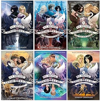Set of book covers from 'A School for Good and Evil' series by Soman Chainani.