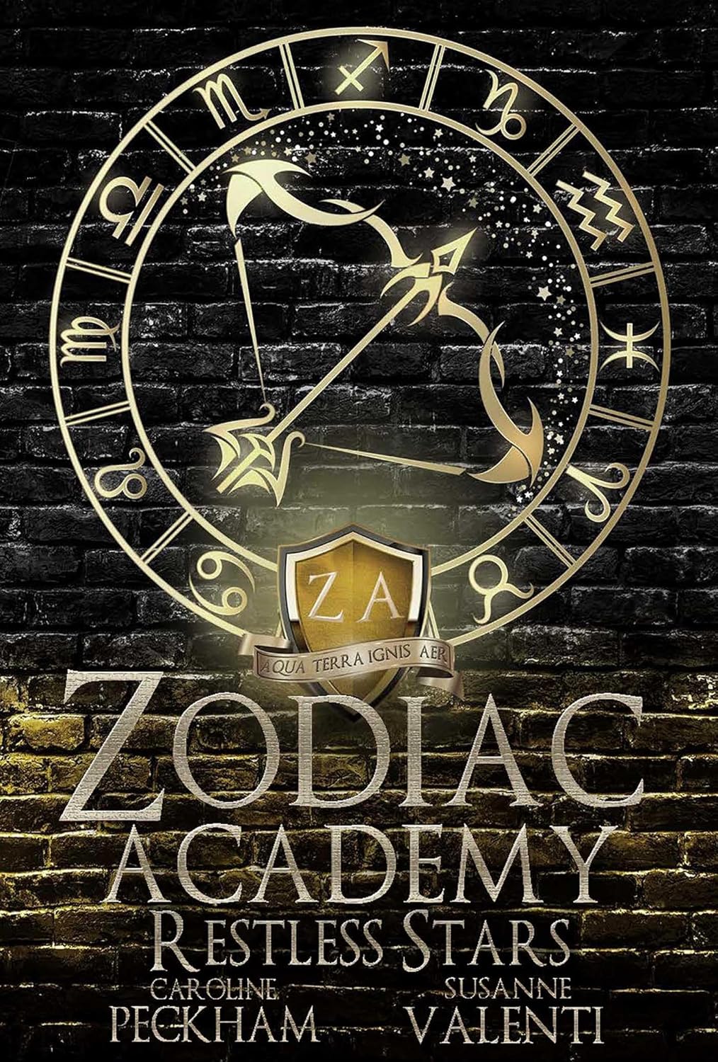 Book cover of 'Zodiac Academy: Restless Stars' with zodiac symbol on a dark brick background