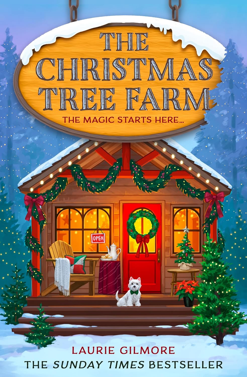 Book cover of 'The Christmas Tree Farm' with a festive scene and cabin.