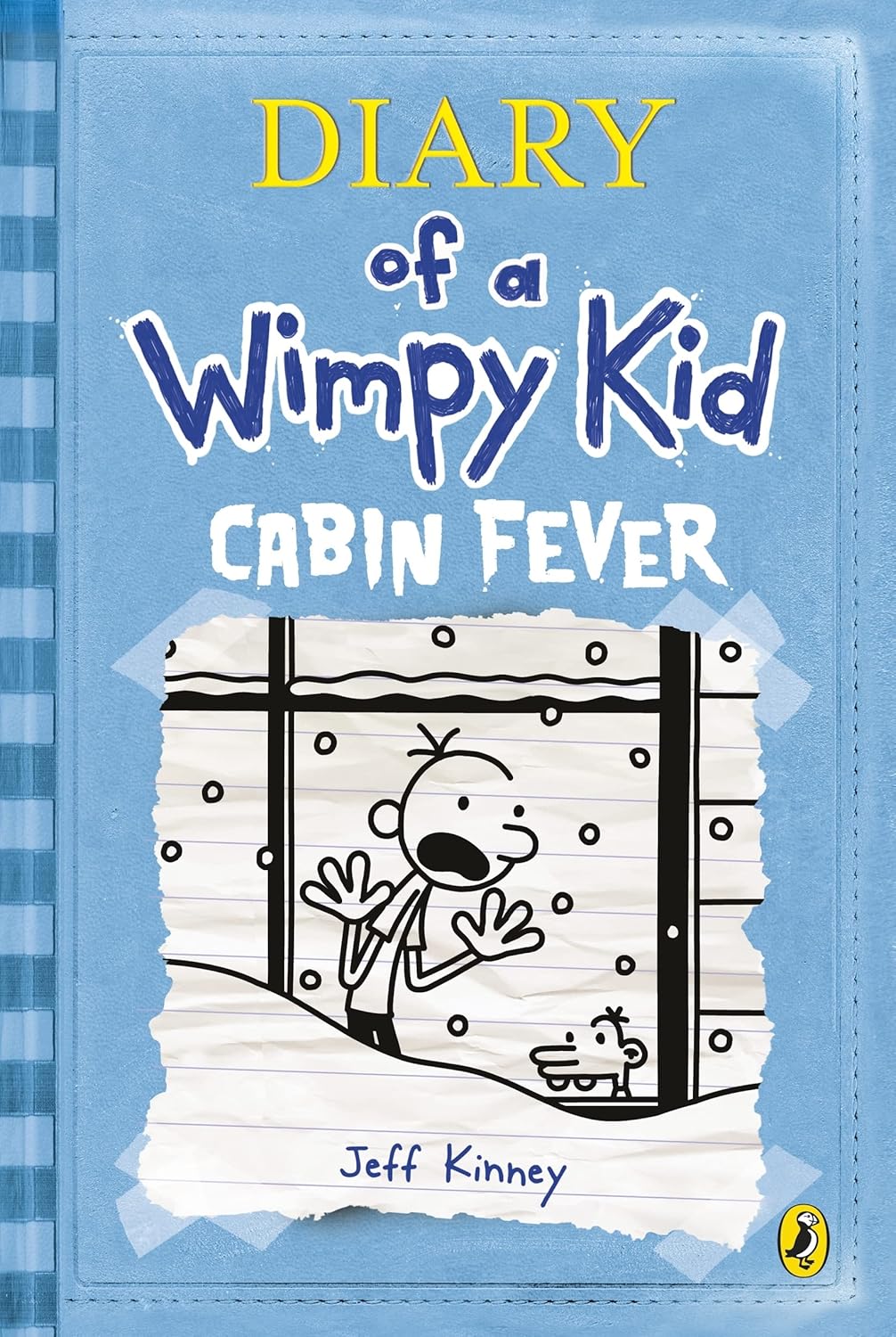 Book cover of 'Diary of a Wimpy Kid: Cabin Fever' by Jeff Kinney with a blue background and illustration of a character.