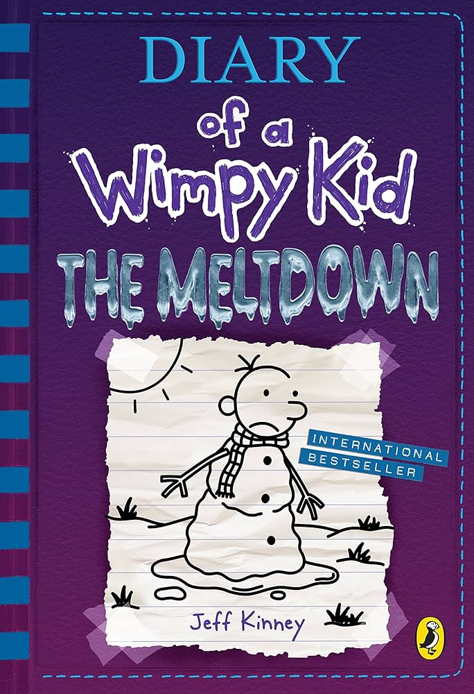 Book cover of 'Diary of a Wimpy Kid: The Meltdown' by Jeff Kinney with a purple background and snowman illustration.