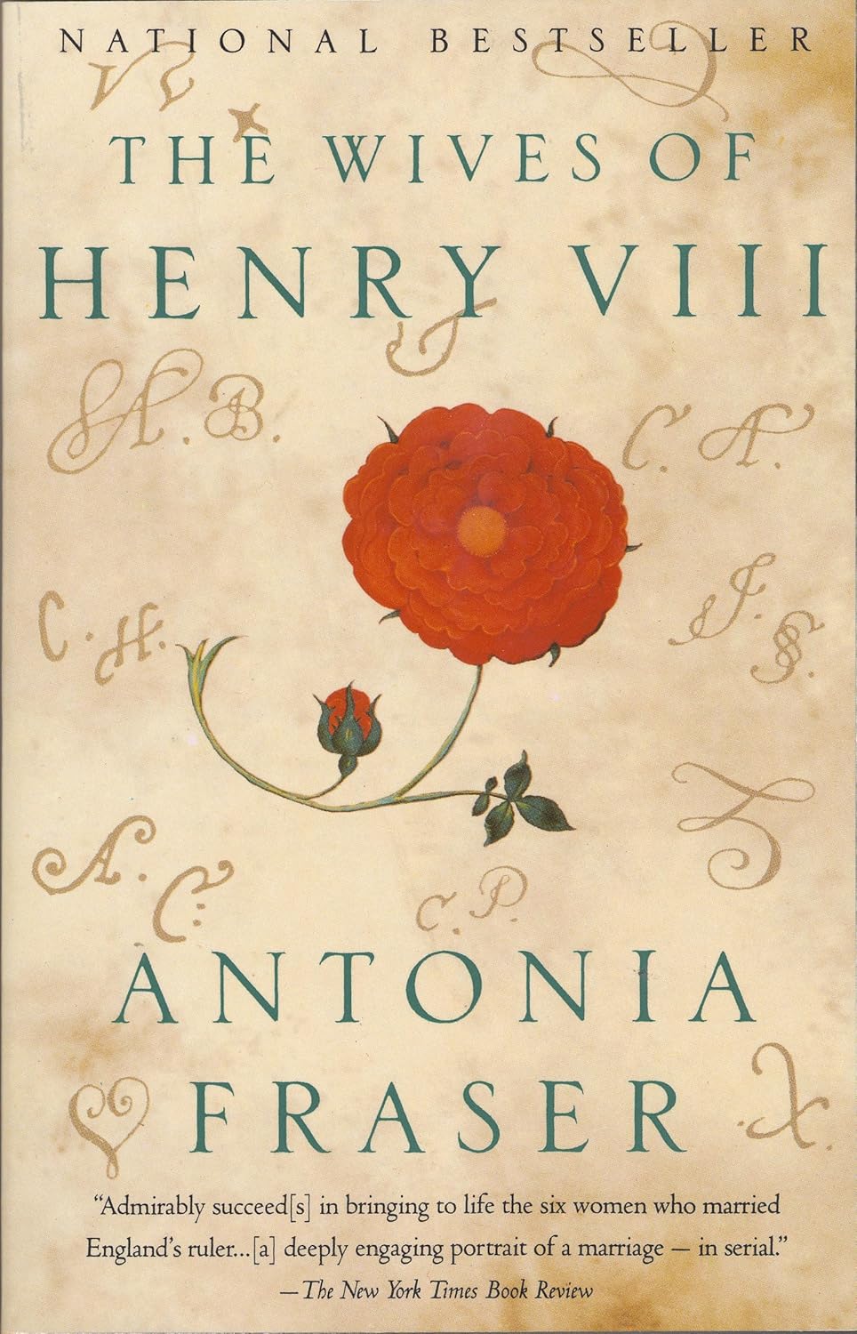 Book cover of 'The Wives of Henry VIII' by Antonia Fraser with a red flower illustration on a beige background.