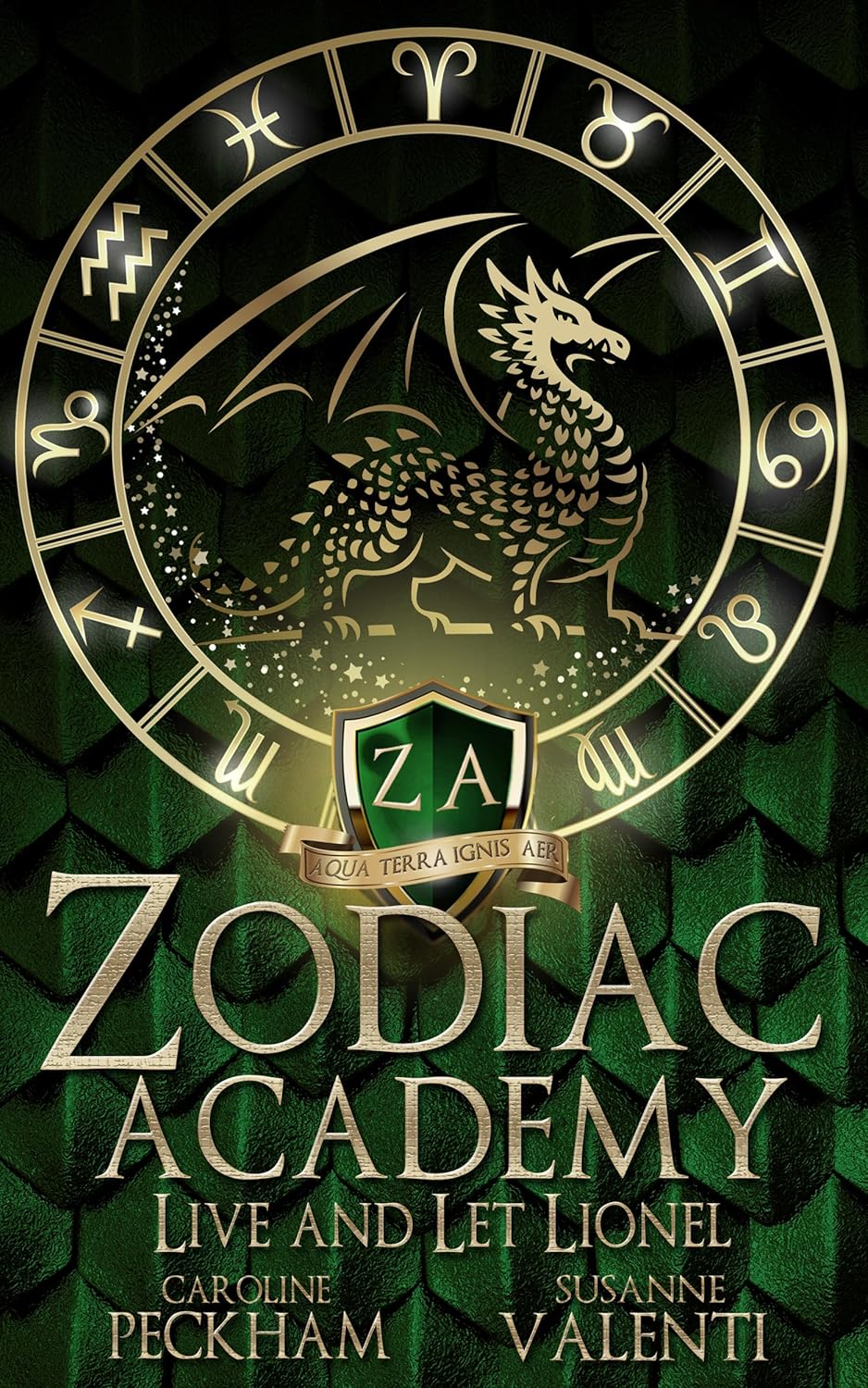 Book cover of 'Zodiac Academy' with a dragon emblem and zodiac symbols.