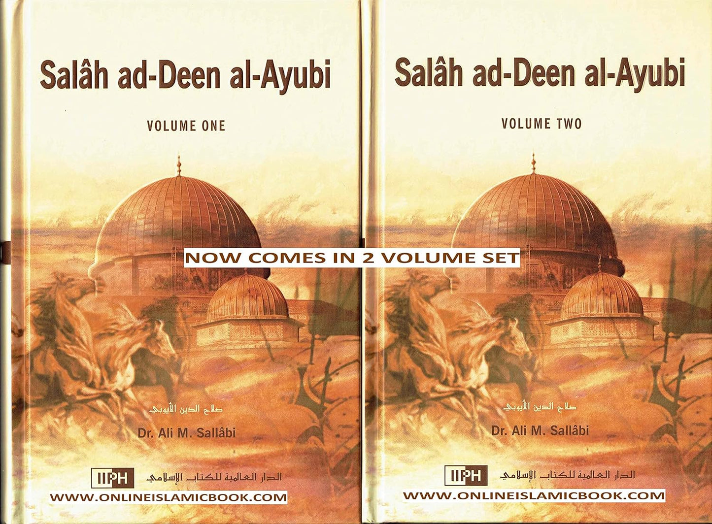 Two volumes of 'Sal§¥h ad-Deen al-Ayubi' with a domed building in the background.