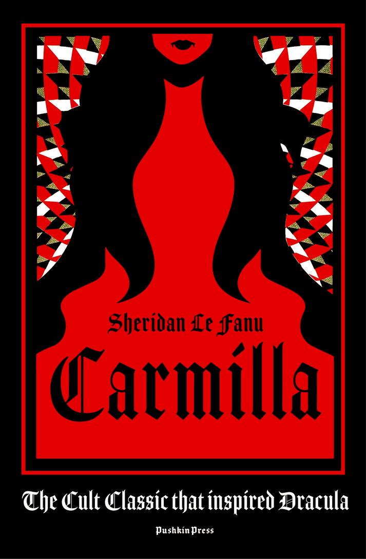 Book cover of 'Carmilla' by Sheridan Le Fanu with a red silhouette and geometric pattern.
