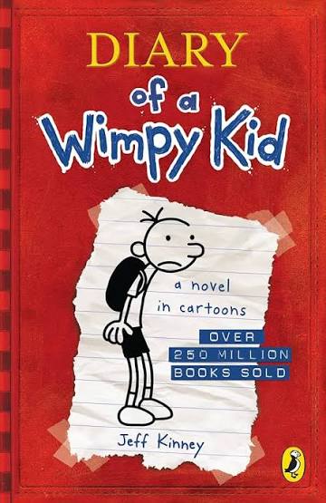Book cover of 'Diary of a Wimpy Kid' with a red background and cartoon character.