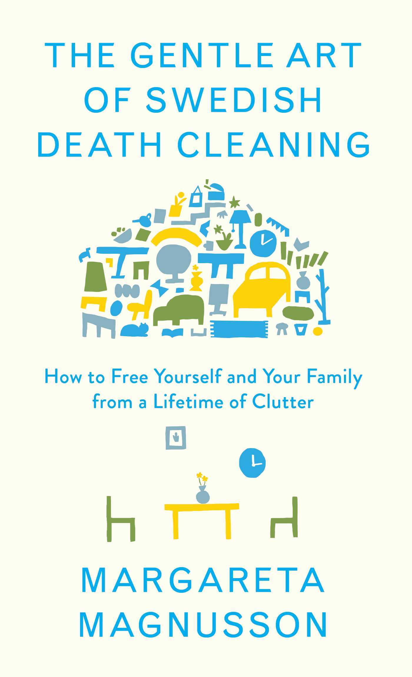Book cover of 'The Gentle Art of Swedish Death Cleaning' by Margareta Magnusson with colorful icons on a white background.