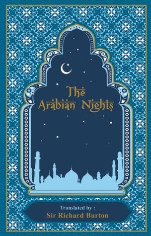 Book cover of 'The Arabian Nights' with decorative blue design and silhouette of a mosque.