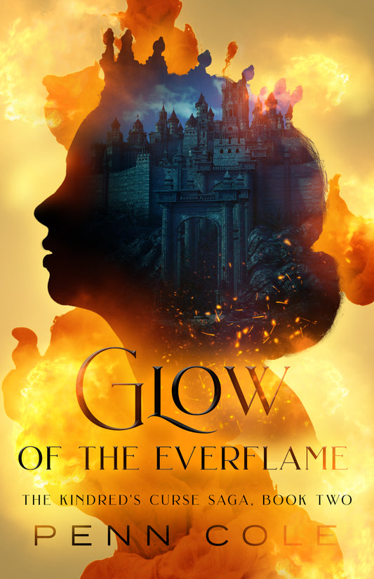 Book cover of 'Glow of the Everflame' with silhouette of a face and castle, and fiery background.