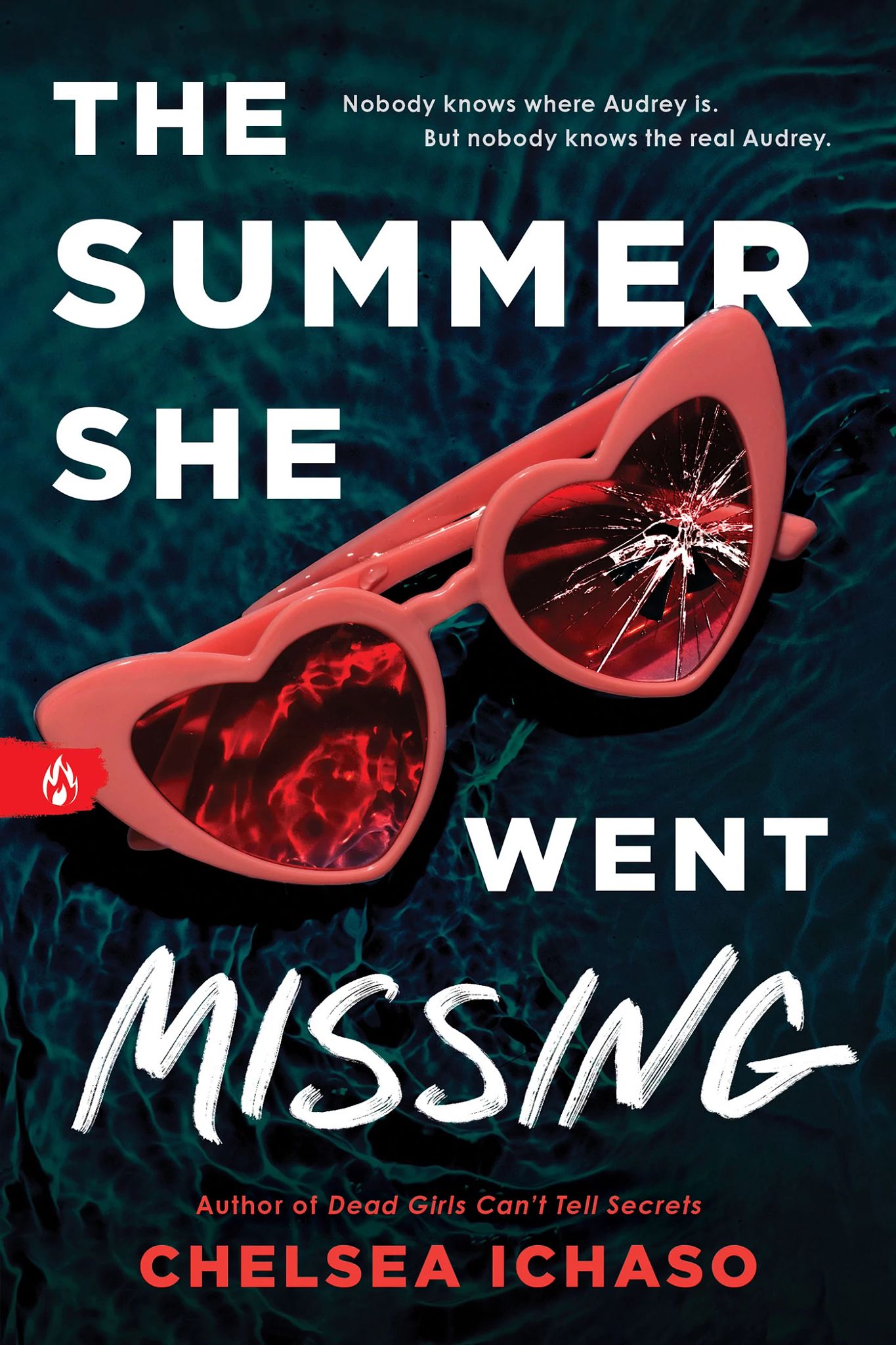 Book cover of 'The Summer She Went Missing' with pink sunglasses and dark water background