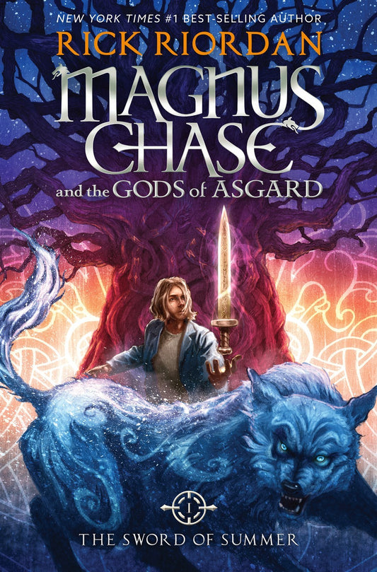 Book cover of 'Magnus Chase and the Gods of Asgard' with a fantasy scene and character holding a sword.