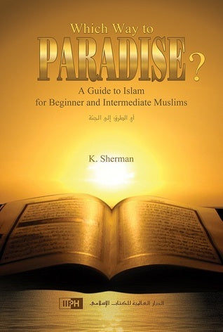 Book cover of 'Which Way to Paradise?' by K. Sherman with an open book and sunset background.