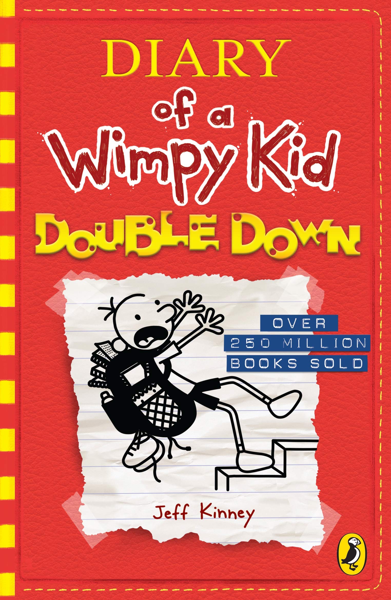 Book cover of 'Double Down' from 'Diary of a Wimpy Kid' series with red background and cartoon character.