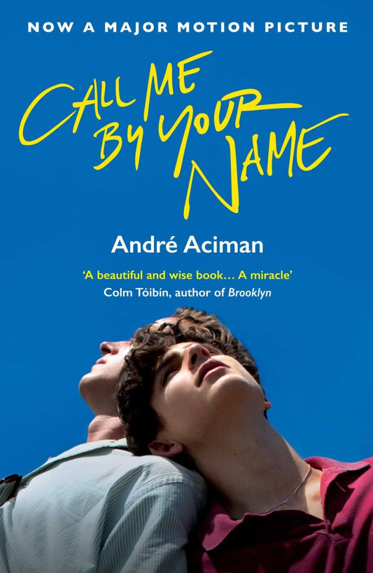 Book cover of 'Call Me by Your Name' with two people embracing against a blue sky.