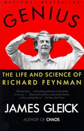 Book cover of 'Genius: The Life and Science of Richard Feynman' by James Gleick with a red background and black and white photo of Richard Feynman.