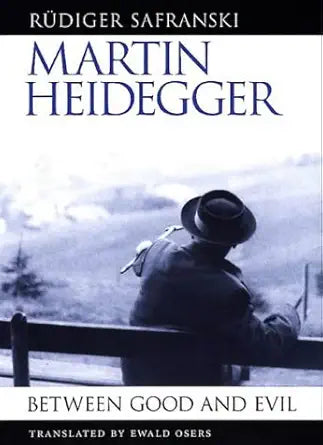 Book cover of 'Martin Heidegger: Between Good and Evil' with a silhouette of a person by a window.