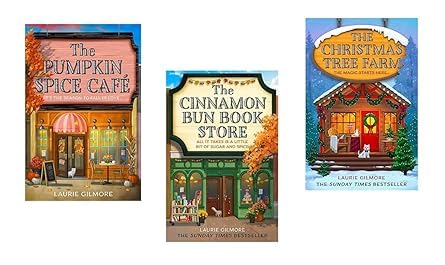 Three book covers of 'The Pumpkin Spice Cafe', 'The Cinnamon Bun Book Store', and 'The Christmas Tree Farm' by Laurie Gilbertson.