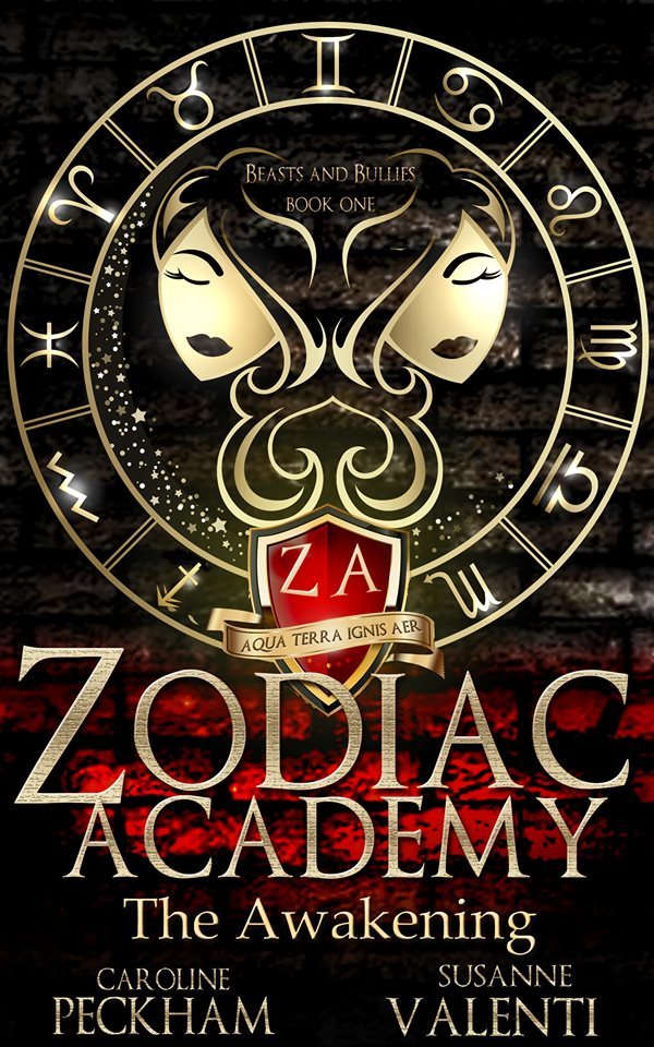 Book cover of 'Zodiac Academy: The Awakening' with zodiac symbols and faces.