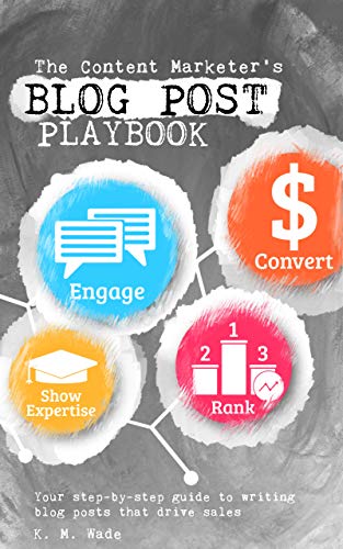 Book cover of 'The Content Marketer's Blog Post Playbook' with colorful icons and text on a gray background.