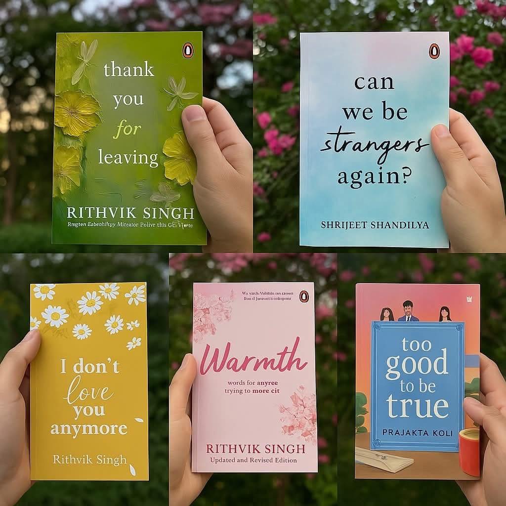 Collage of books held by hands with greenery in the background