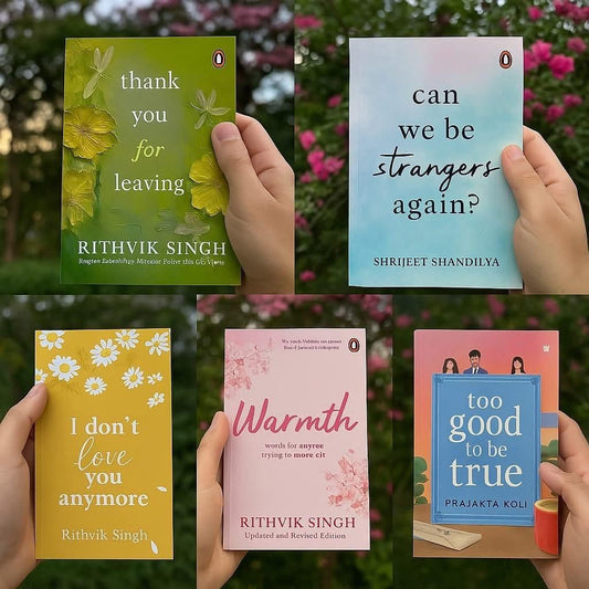Collage of books held by hands with greenery in the background