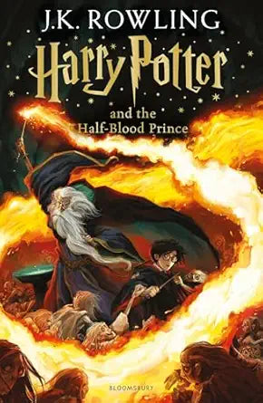 Book cover of 'Harry Potter and the Half-Blood Prince' by J.K. Rowling with fiery background and characters.